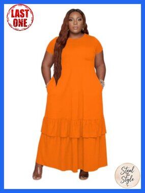 Plus Size Short Sleeve Maxi Dress with Pockets - 95% Polyester 5% Elastane